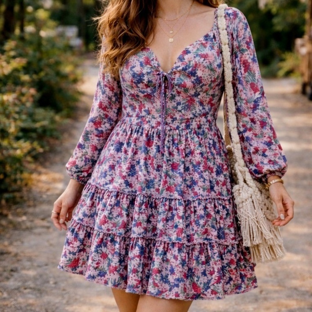 Madewell Y2K Romantic Boho Floral Tiered Puff Sleeve Cottagecore Mini Dress Sz 8